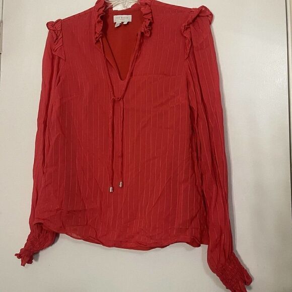 TED BAKER red orange ruffle collar pinstripe peasant blouse top size 0 X-small - Picture 2 of 6